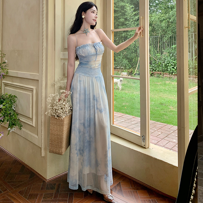 Vacation beads pinched waist dress sling summer long dress