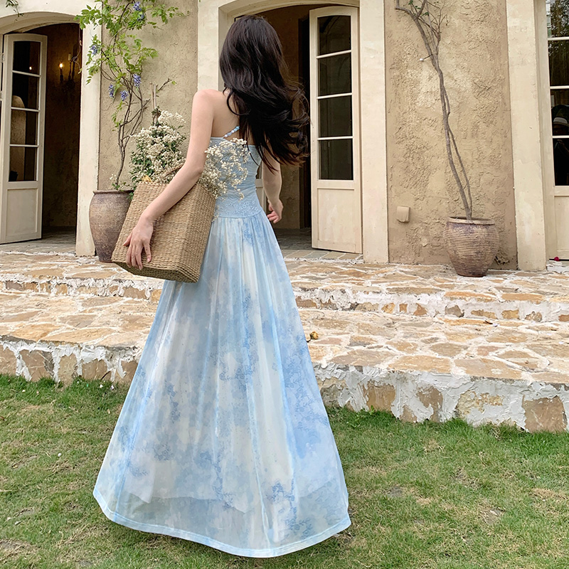 Vacation beads pinched waist dress sling summer long dress
