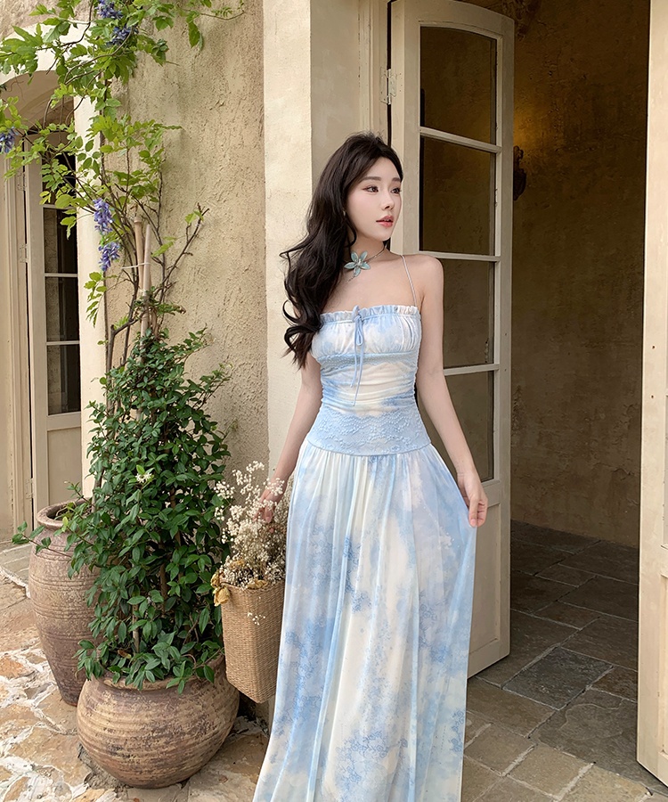 Vacation beads pinched waist dress sling summer long dress