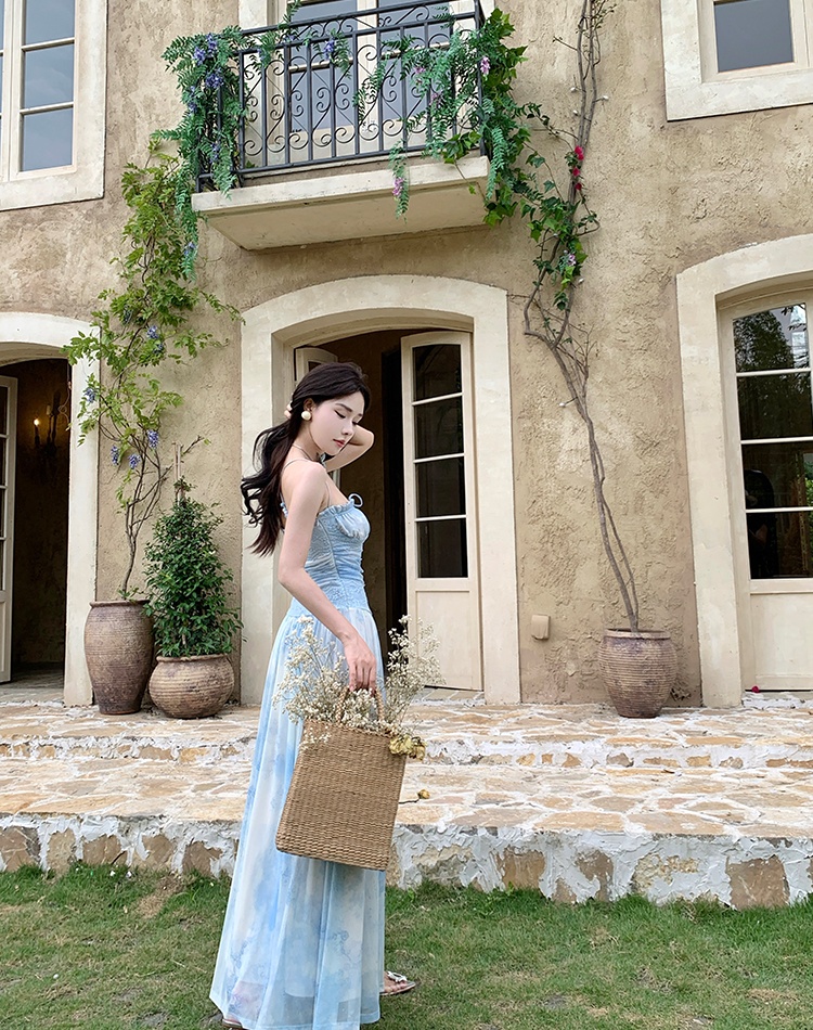 Vacation beads pinched waist dress sling summer long dress