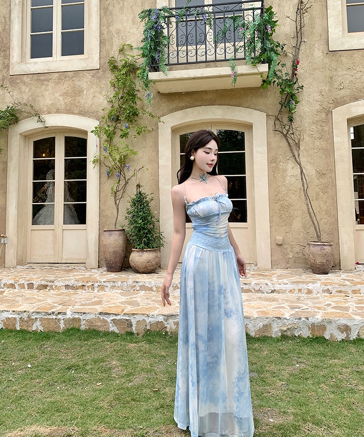 Vacation beads pinched waist dress sling summer long dress