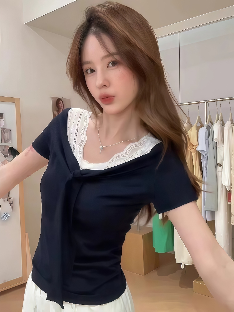 Lace mixed colors tops niche T-shirt for women