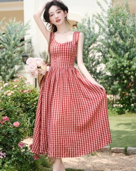 Maiden France style dress retro red cell long dress