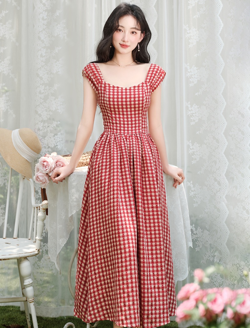 Maiden France style dress retro red cell long dress