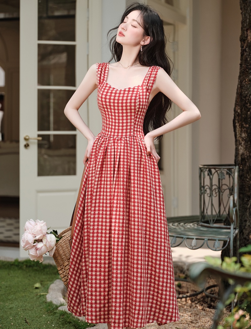 Maiden France style dress retro red cell long dress