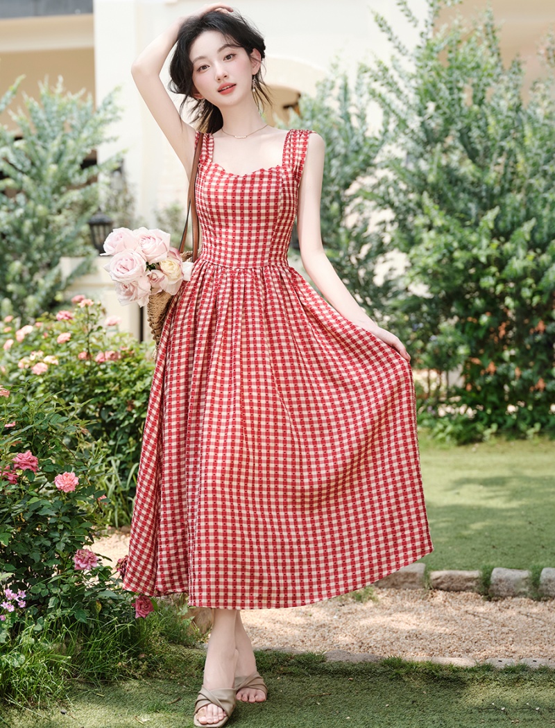 Maiden France style dress retro red cell long dress