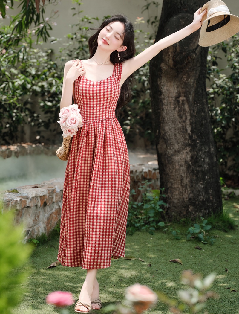 Maiden France style dress retro red cell long dress