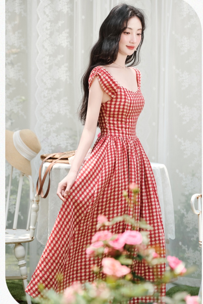 Maiden France style dress retro red cell long dress