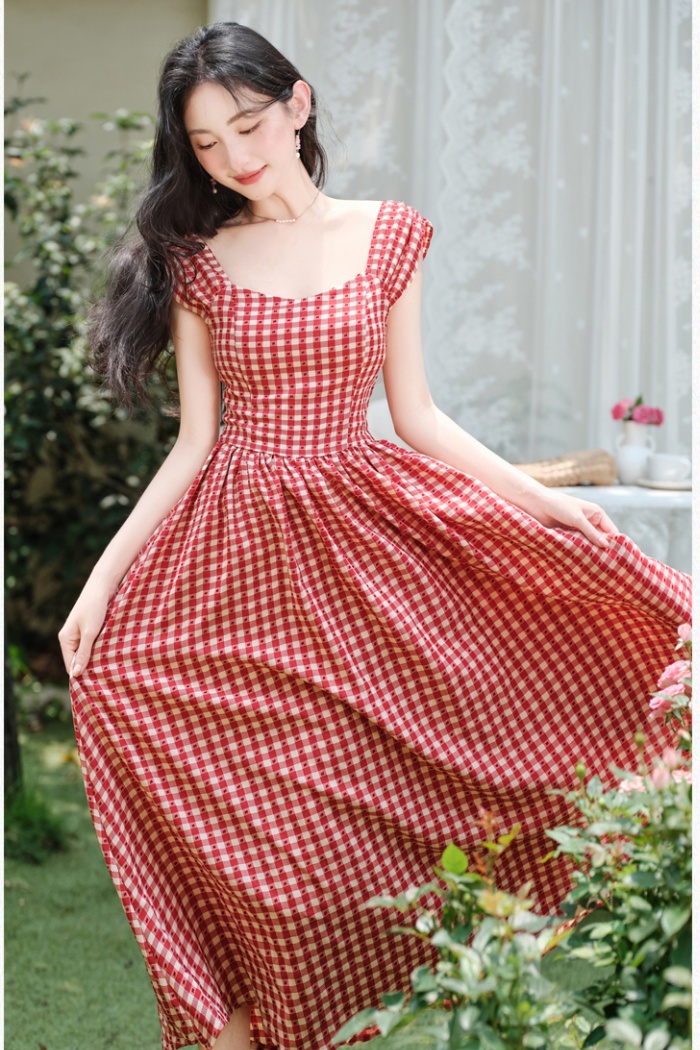 Maiden France style dress retro red cell long dress