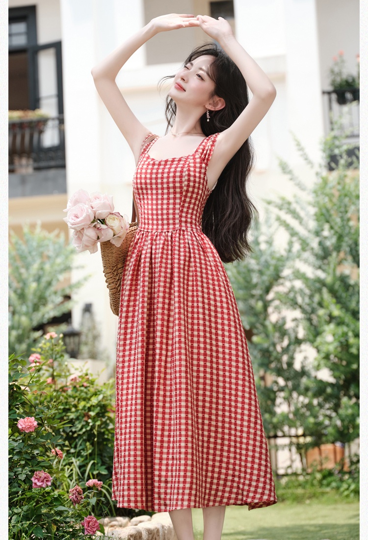 Maiden France style dress retro red cell long dress