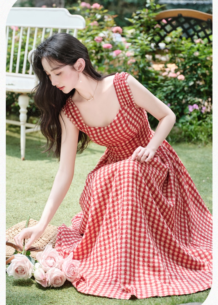 Maiden France style dress retro red cell long dress