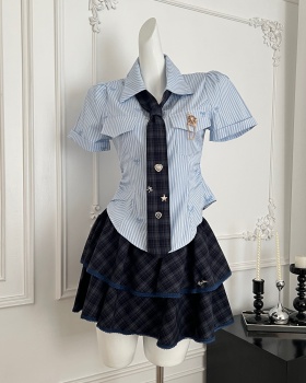 Slim college style summer short skirt spicegirl stripe tops