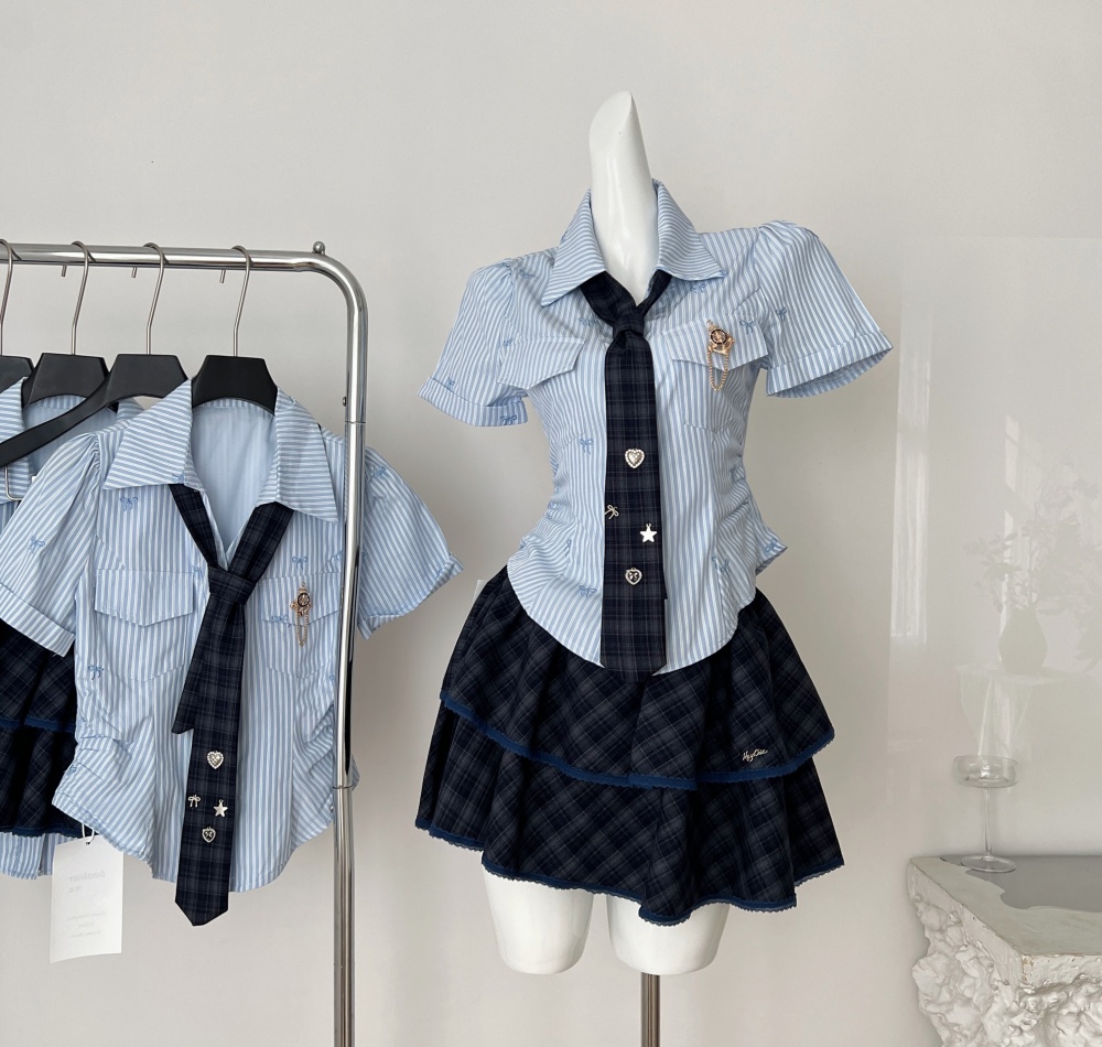 Slim college style summer short skirt spicegirl stripe tops