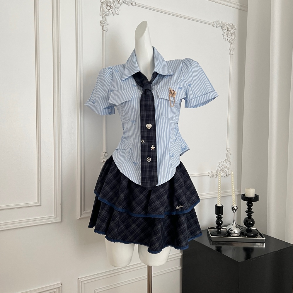 Slim college style summer short skirt spicegirl stripe tops