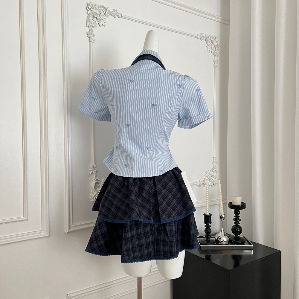 Slim college style summer short skirt spicegirl stripe tops