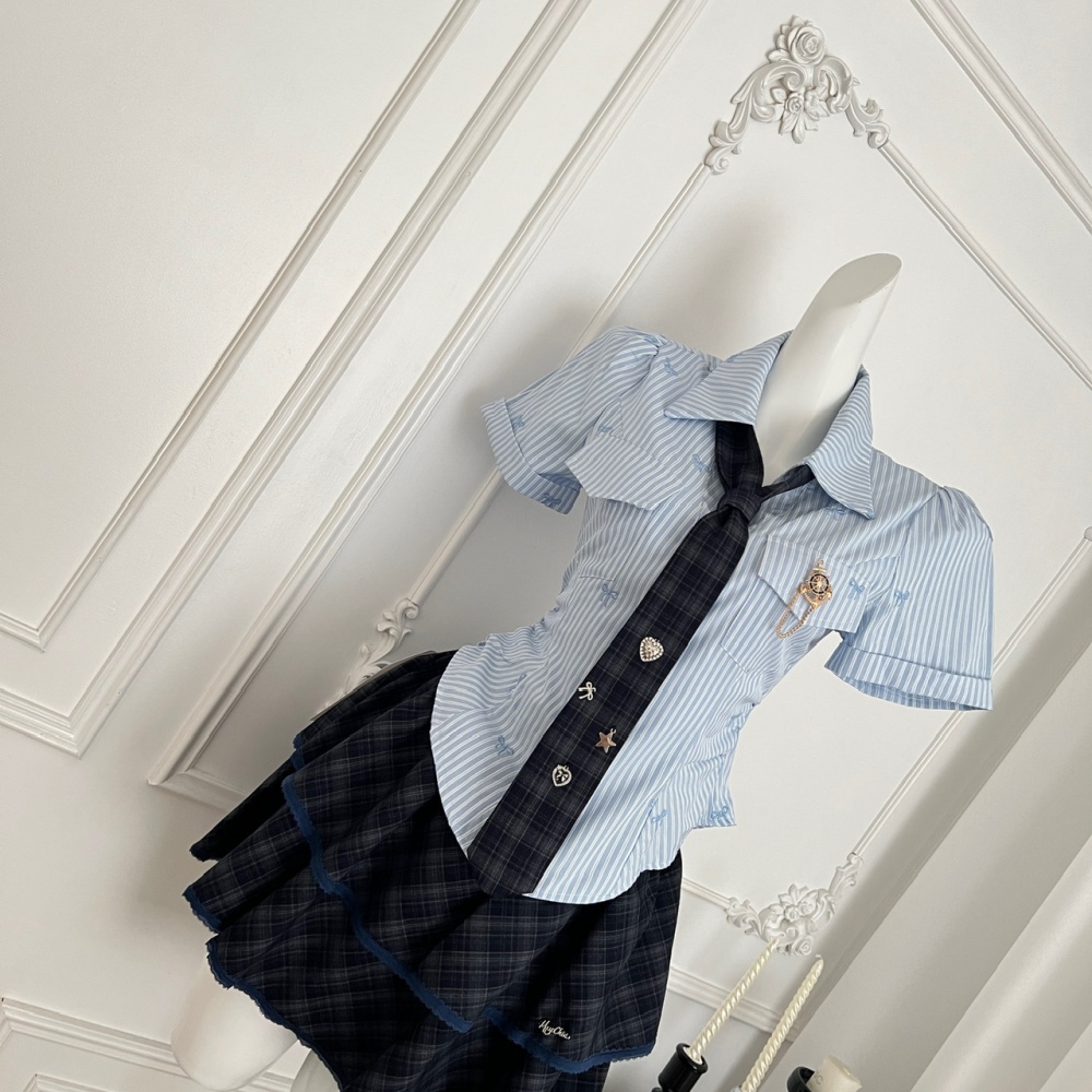 Slim college style summer short skirt spicegirl stripe tops
