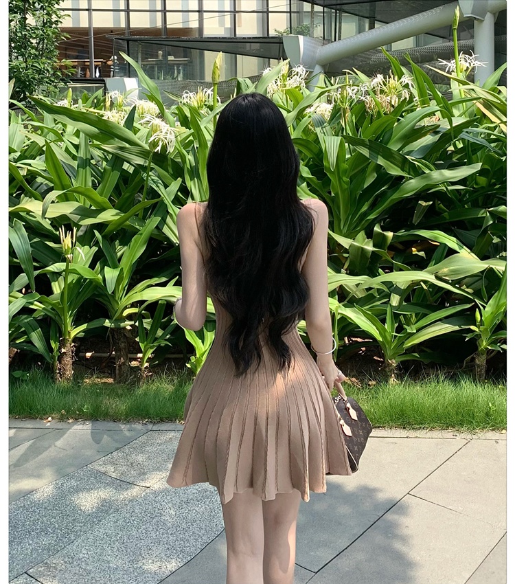 Pleated slim T-back V-neck chanelstyle dress for women
