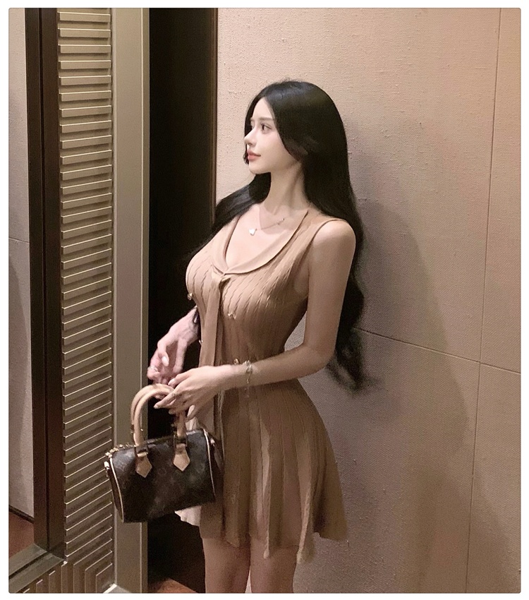 Pleated slim T-back V-neck chanelstyle dress for women