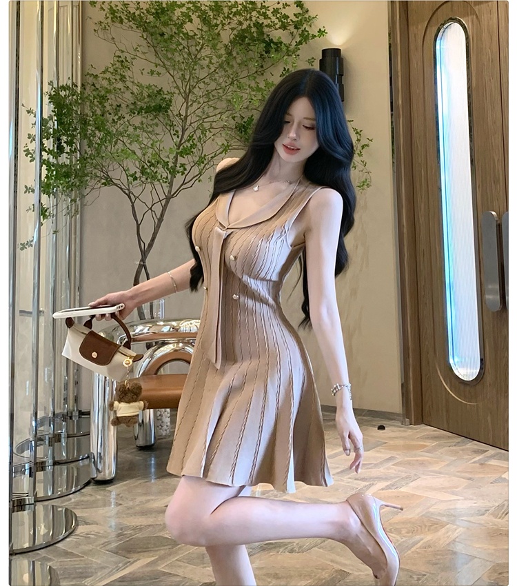 Pleated slim T-back V-neck chanelstyle dress for women