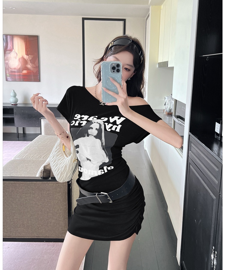 American style T-back oblique collar T-shirt for women