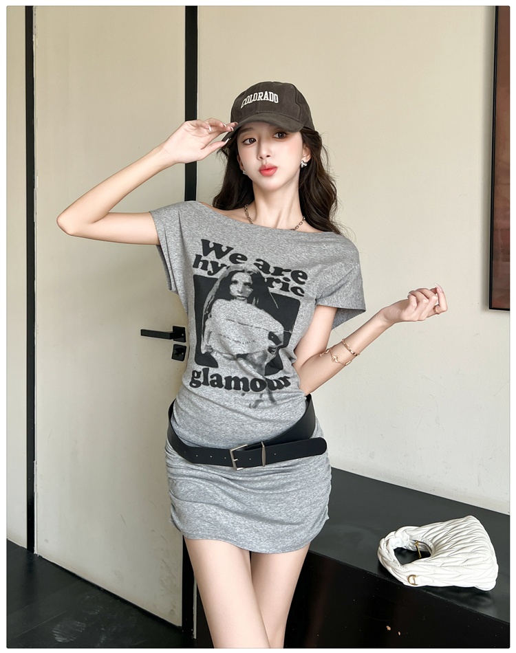 American style T-back oblique collar T-shirt for women