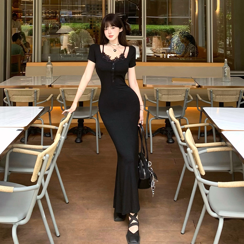 Mermaid France style dress U-neck long dress for women