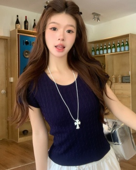 Niche round neck knitted tops grain twist T-shirt