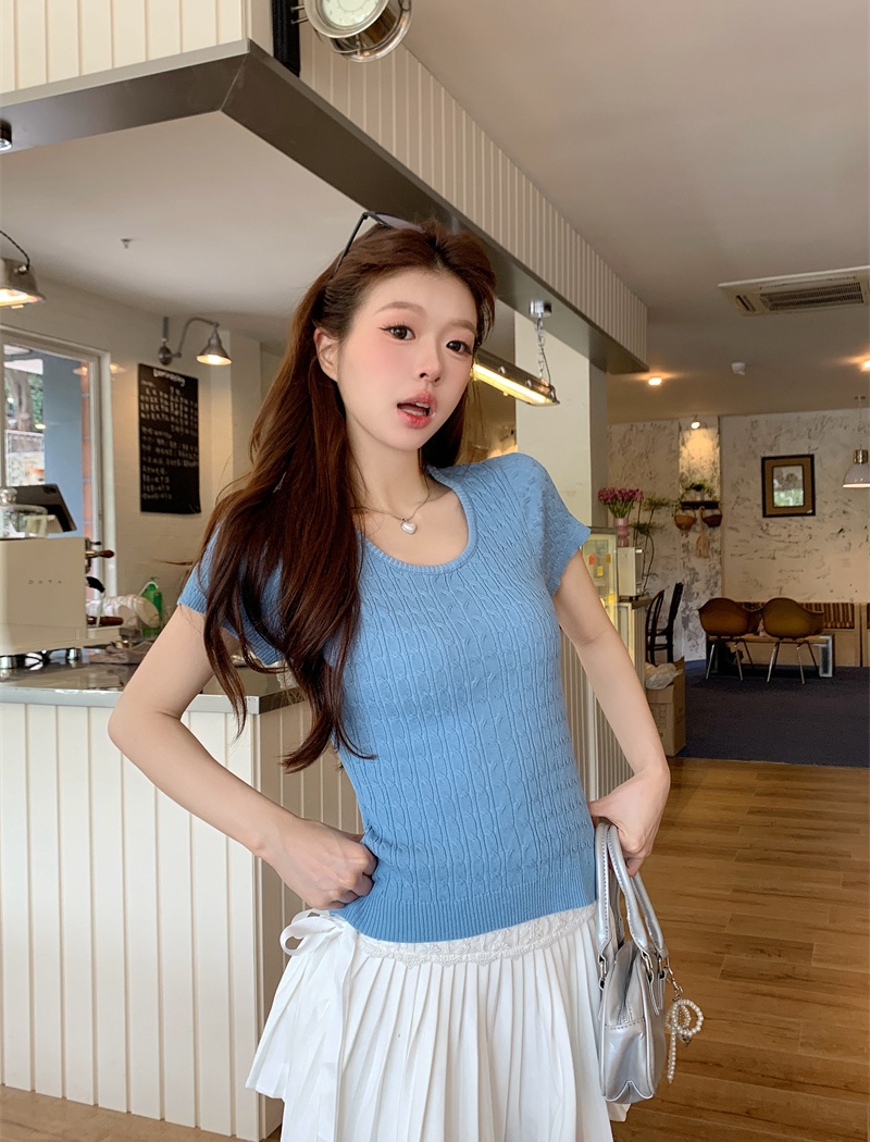 Niche round neck knitted tops grain twist T-shirt