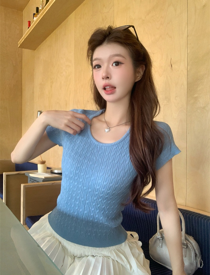 Niche round neck knitted tops grain twist T-shirt