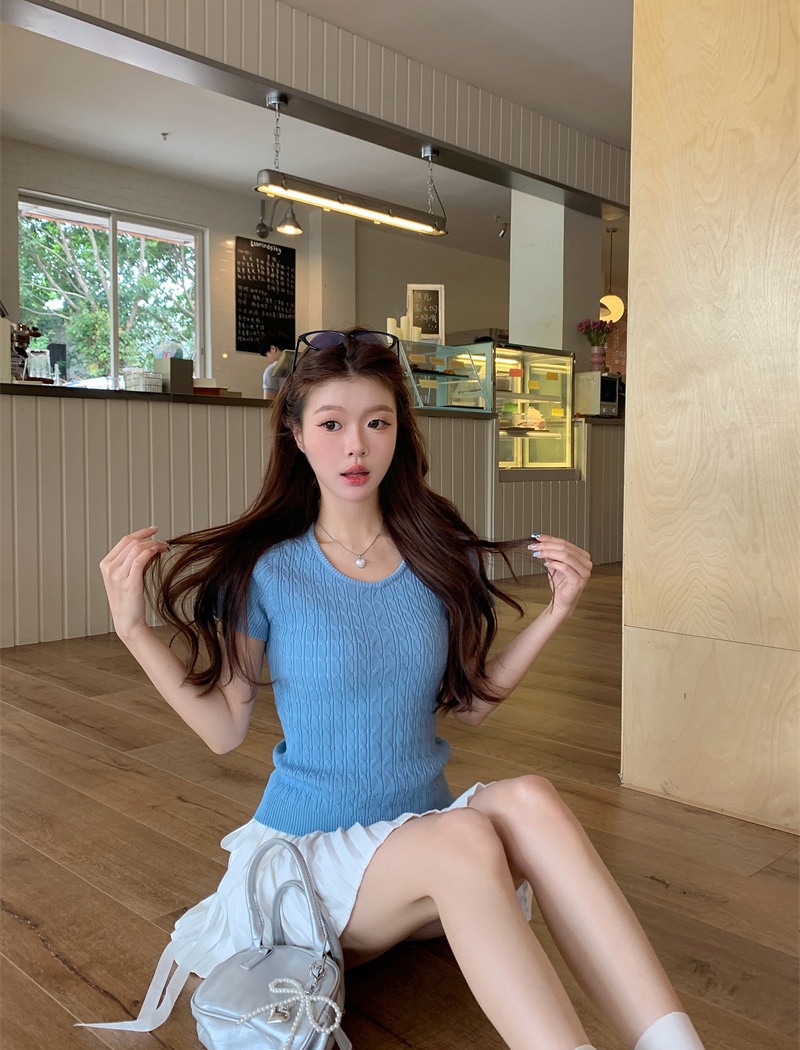 Niche round neck knitted tops grain twist T-shirt