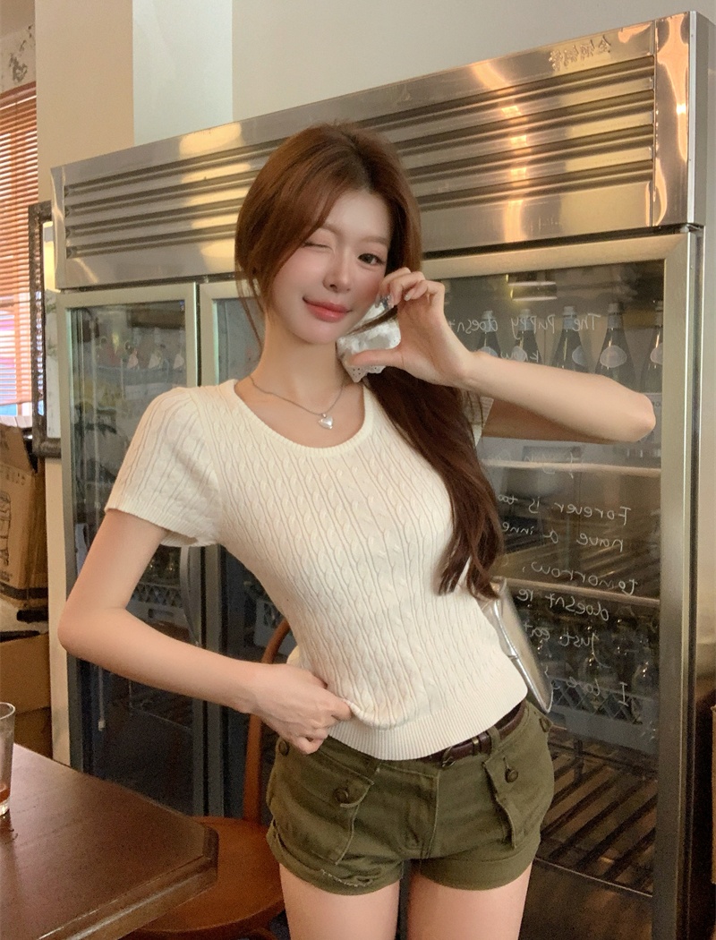 Niche round neck knitted tops grain twist T-shirt
