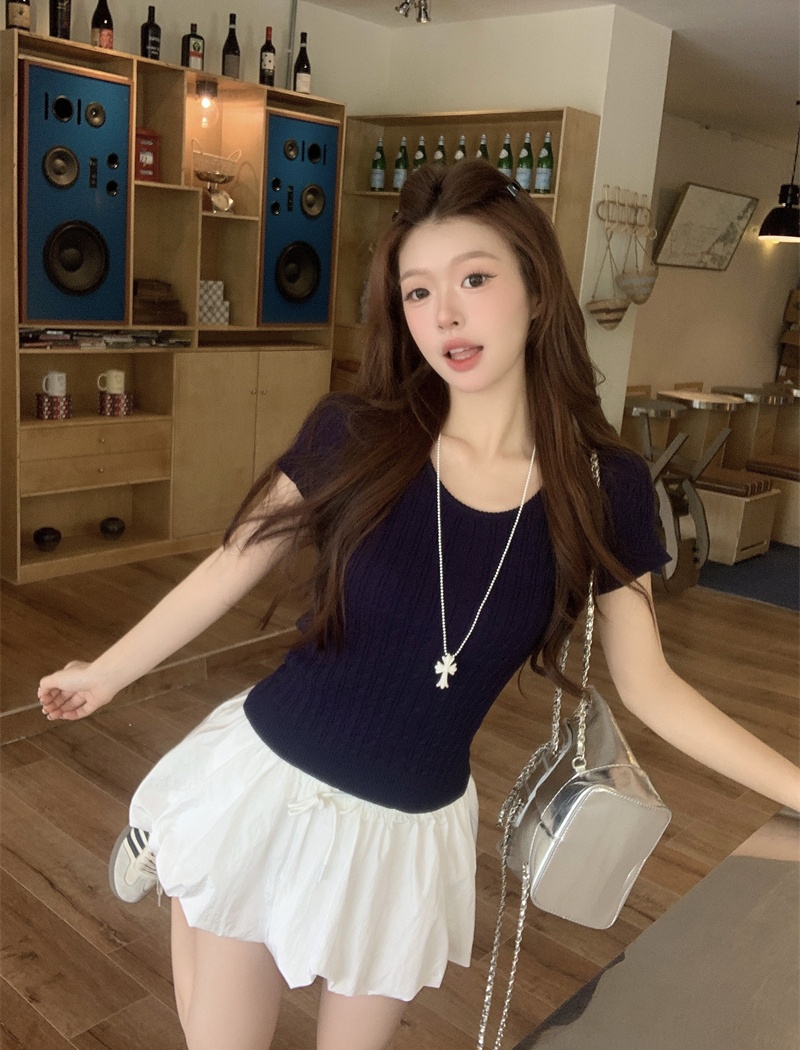 Niche round neck knitted tops grain twist T-shirt