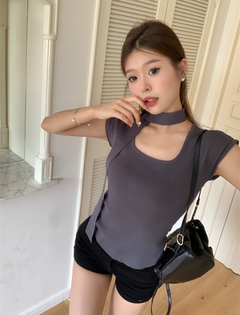 Niche short sleeve enticement knitted square collar slim tops