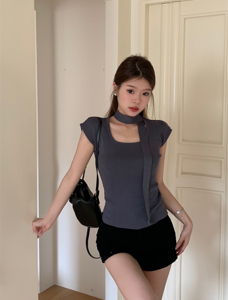 Niche short sleeve enticement knitted square collar slim tops