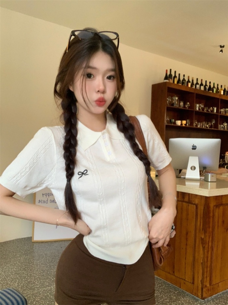 Slim pullover sweater bow embroidery tops for women