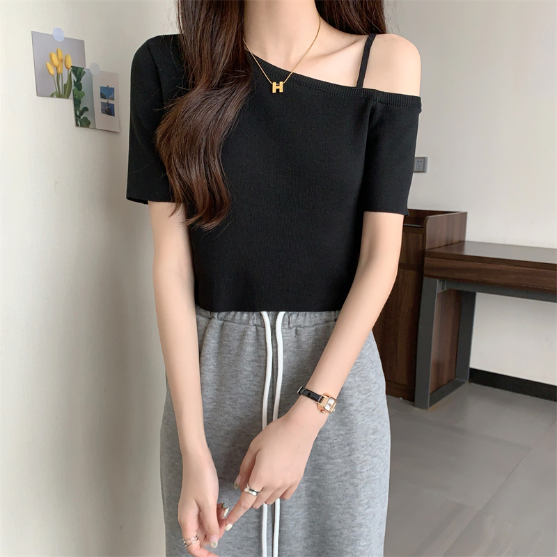 Pure knitted T-shirt all-match oblique collar tops for women