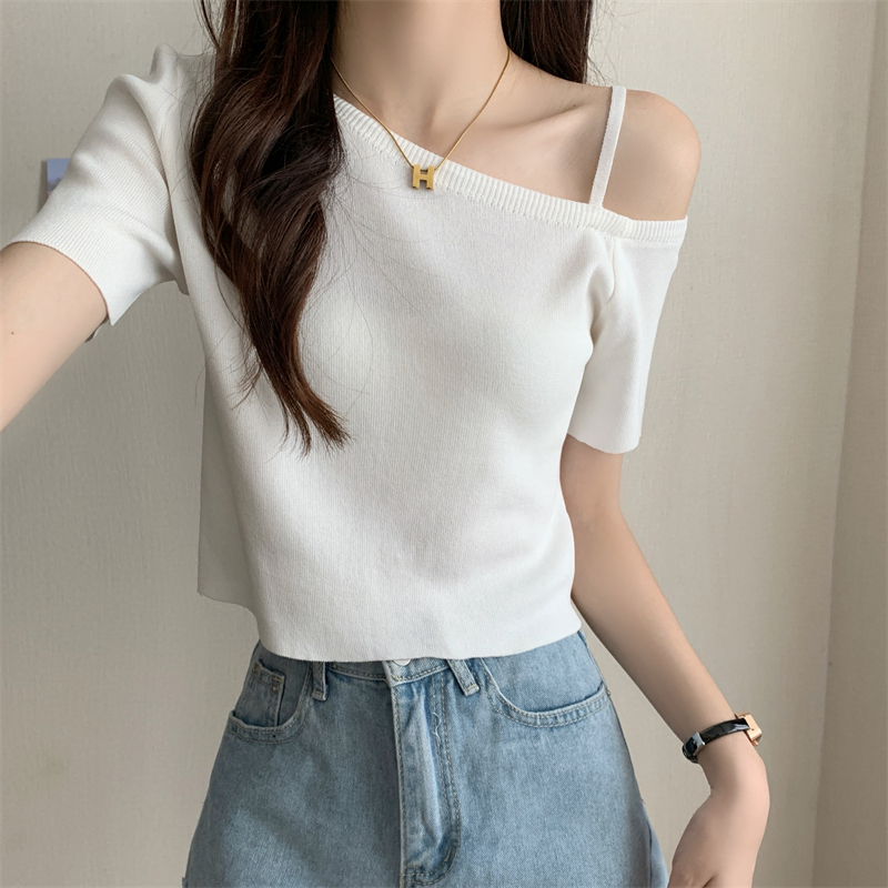 Pure knitted T-shirt all-match oblique collar tops for women