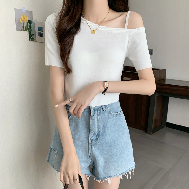 Pure knitted T-shirt all-match oblique collar tops for women