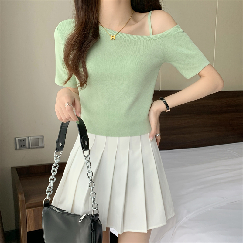 Pure knitted T-shirt all-match oblique collar tops for women