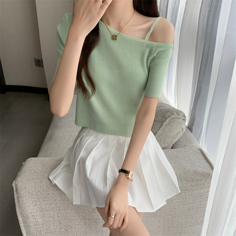Pure knitted T-shirt all-match oblique collar tops for women