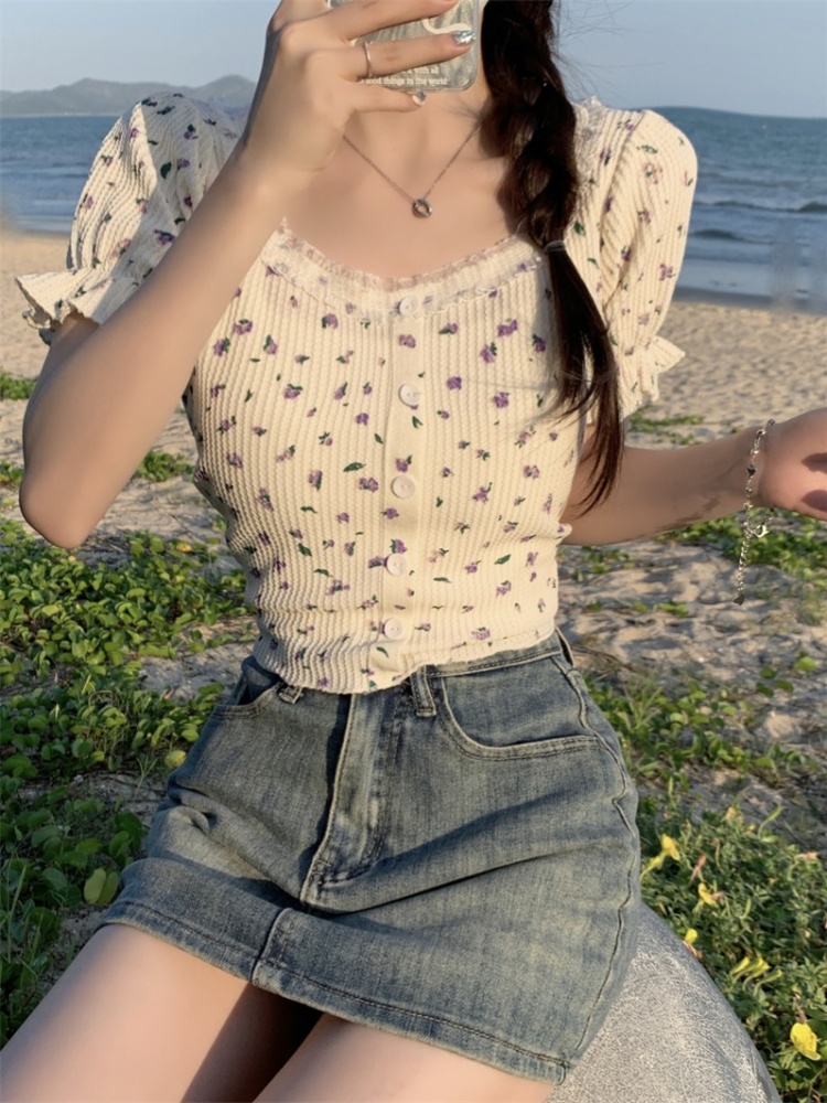 Floral square collar T-shirt enticement tops for women