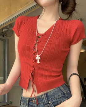 Slim V-neck short sleeve yellow tops for women