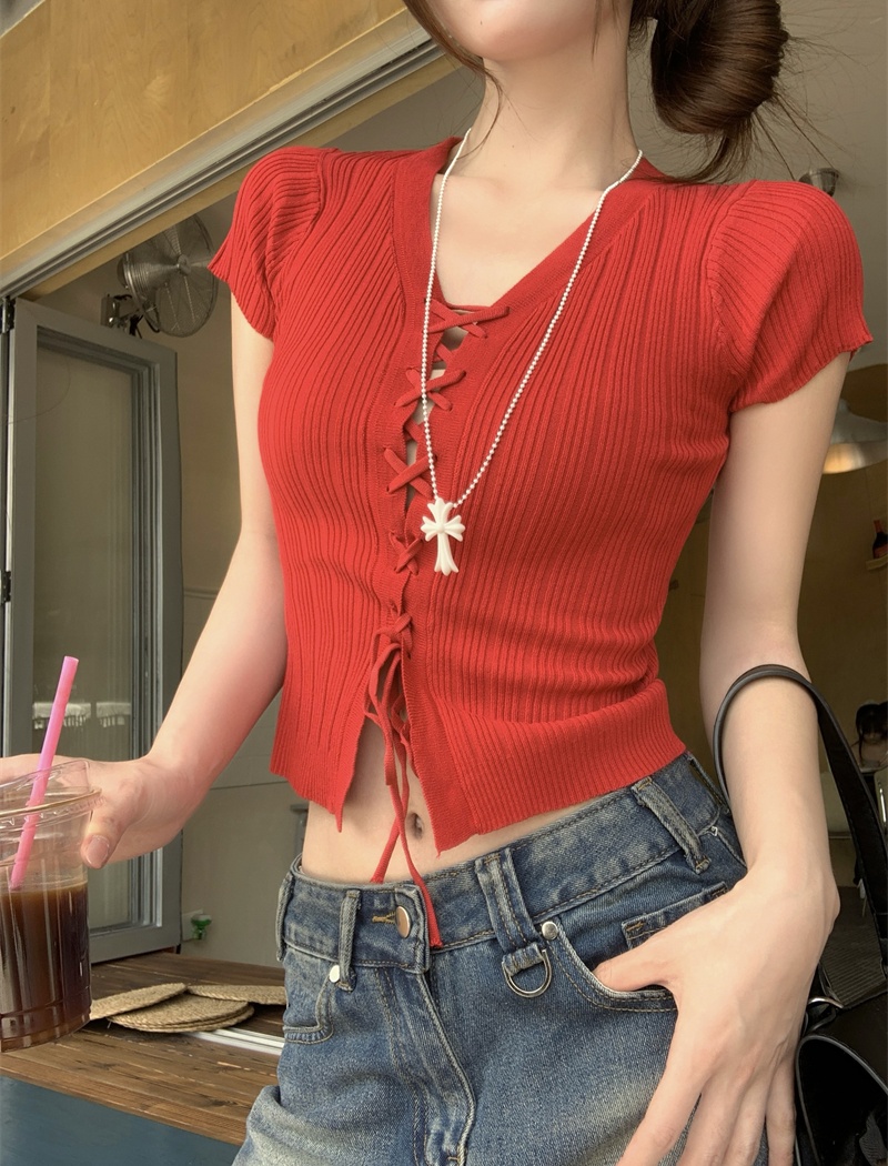 Slim V-neck short sleeve yellow tops for women