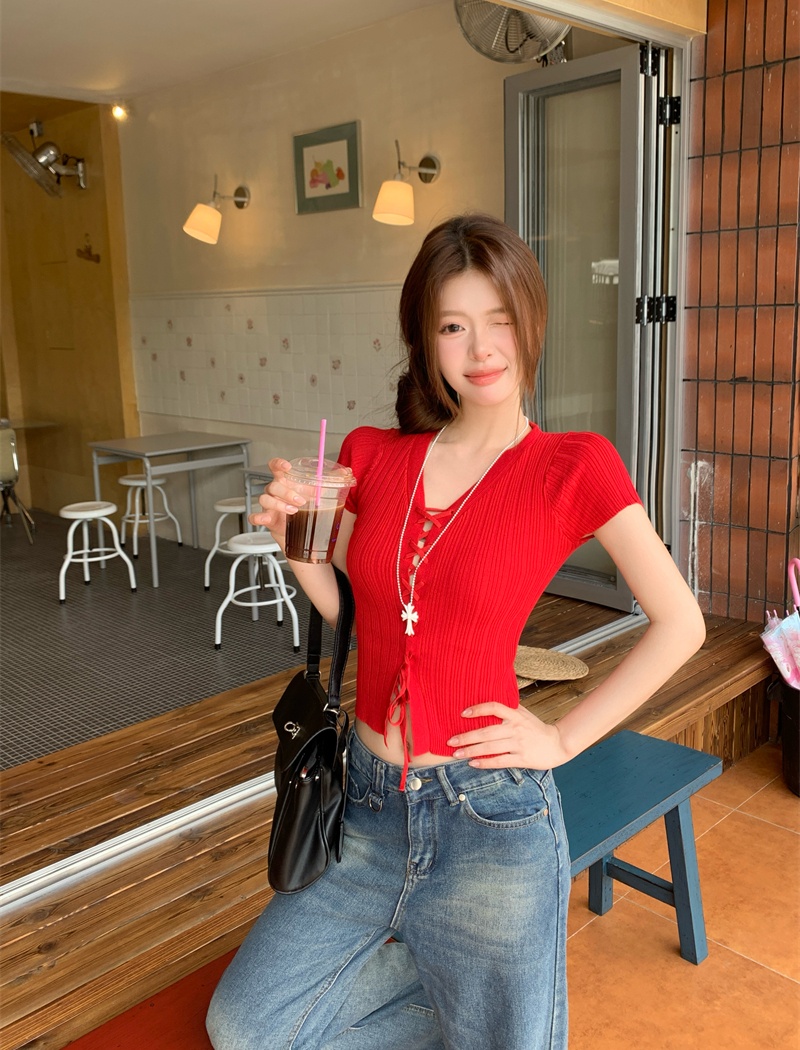 Slim V-neck short sleeve yellow tops for women