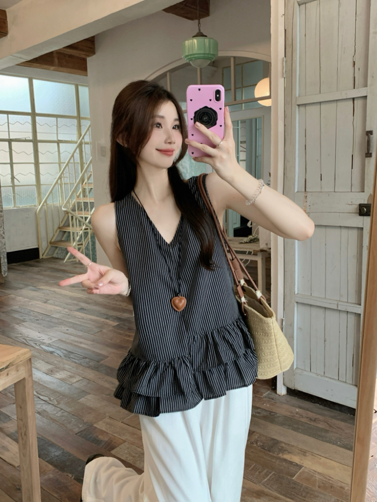 V-neck all-match vest lotus leaf edges tops for women