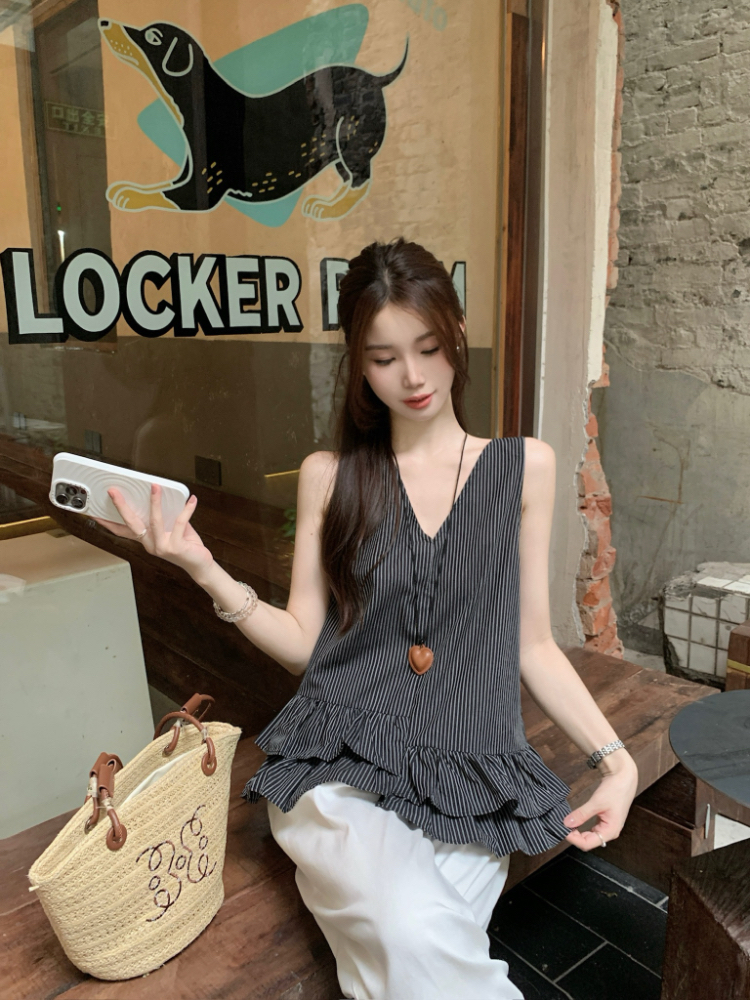 V-neck all-match vest lotus leaf edges tops for women