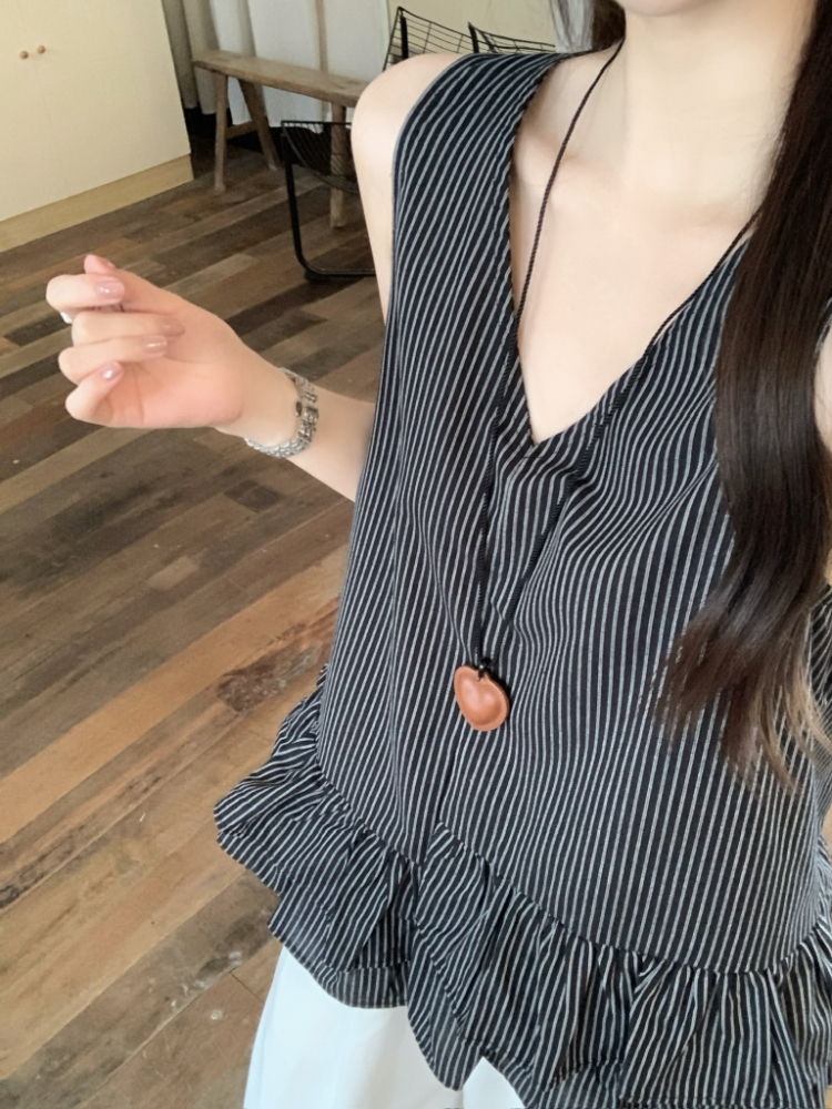 V-neck all-match vest lotus leaf edges tops for women