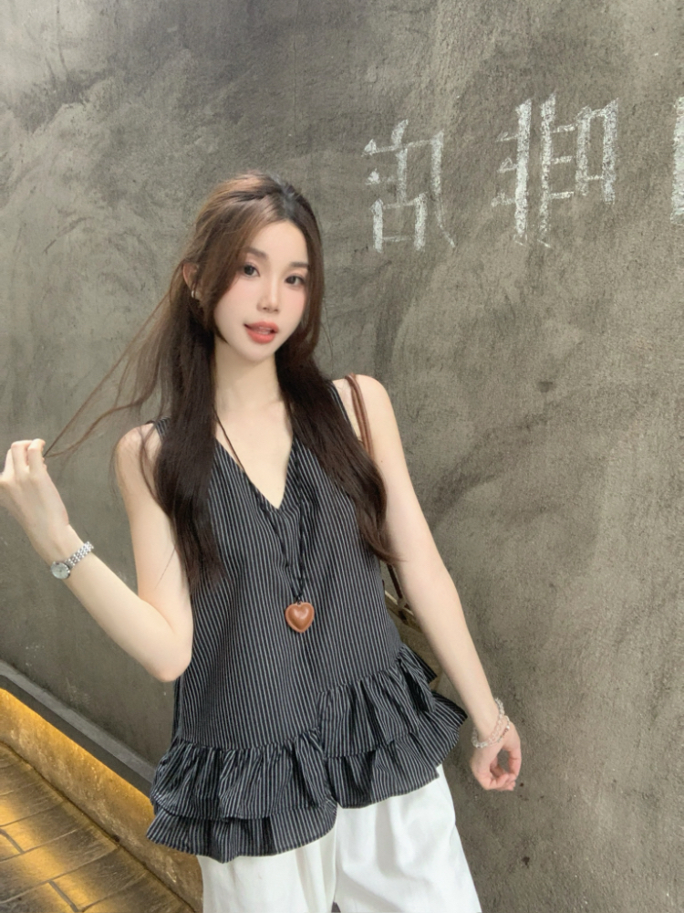 V-neck all-match vest lotus leaf edges tops for women