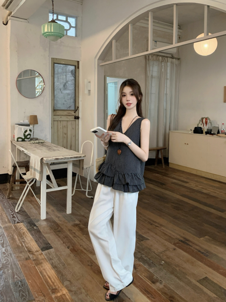 V-neck all-match vest lotus leaf edges tops for women
