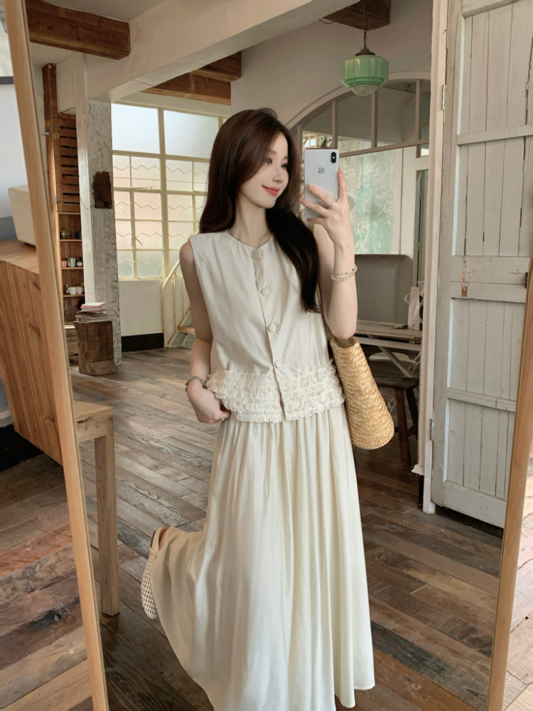 Wood ear retro tops Korean style skirt 2pcs set for women